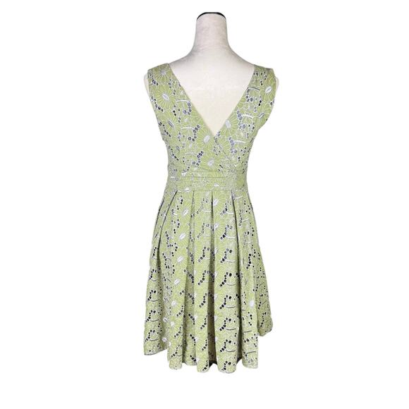 eShakti Sage Green Embroidered Eyelet Floral Fit & Flare Sleeveless Pleat Dress - Picture 3 of 13